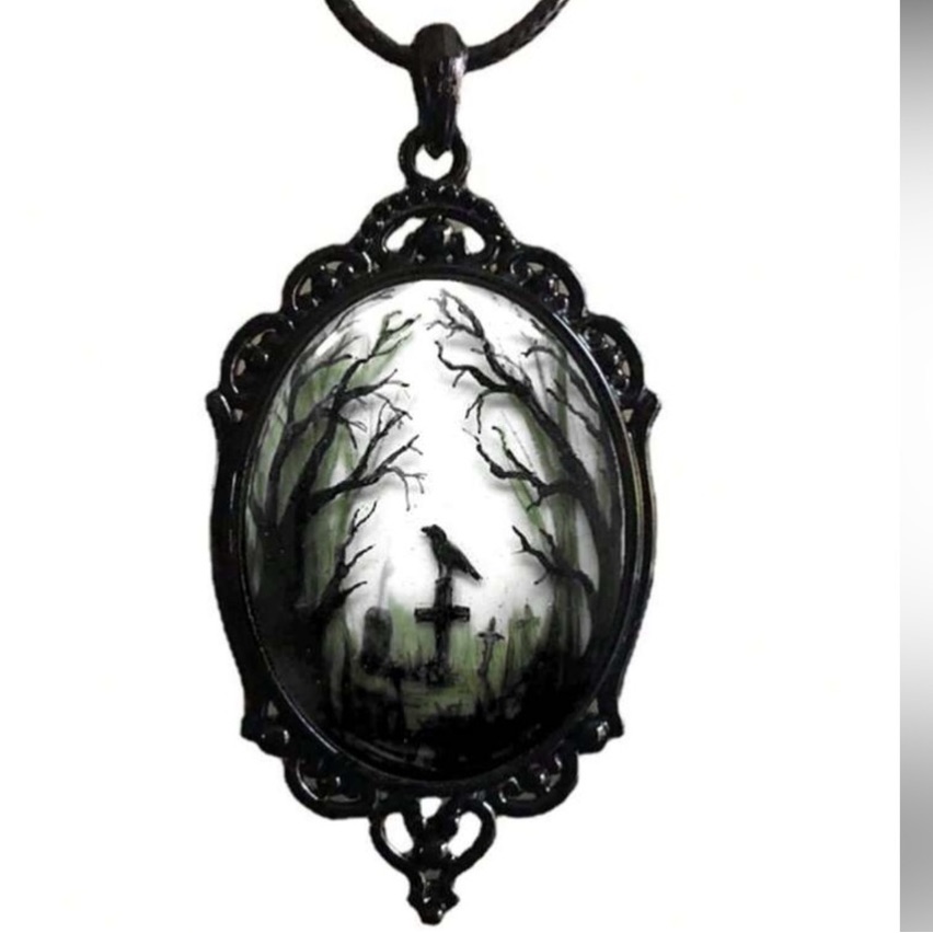 Cemetery Raven & Cross Glass Gothic Pendant Necklace